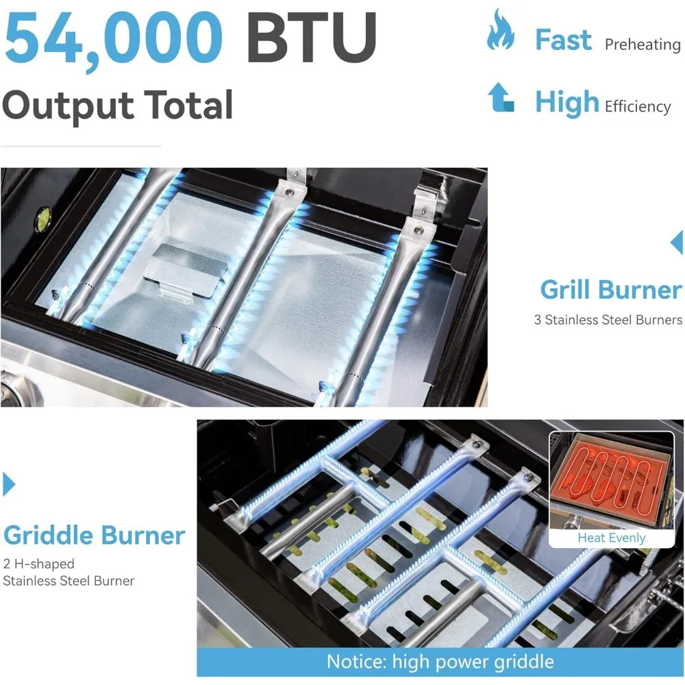 5 Burner Griddle Grill Combo, 2 in 1 Propane Gas BBQ Grill with Porcelain-Enameled Cast Iron Grates & Pan, Outdoor Flat Top Grid