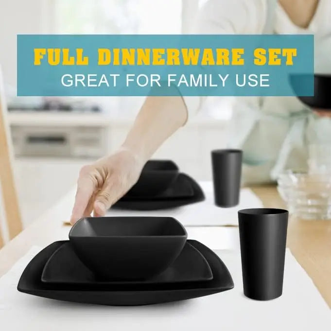 24-piece Plastic Wheat Straw Square Dinnerware Set for 6, Unbreakable Dinner Plates, Salad Plates