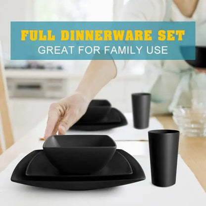 24-piece Plastic Wheat Straw Square Dinnerware Set for 6, Unbreakable Dinner Plates, Salad Plates