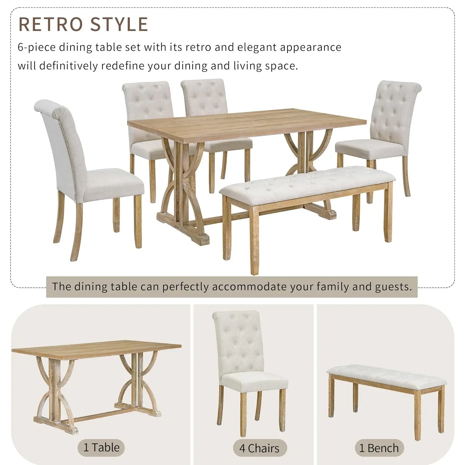 Solid Wood Kitchen Dining Room Table Set with Bench and Chairs for 6 Persons, Dining Table Set with with, Customized