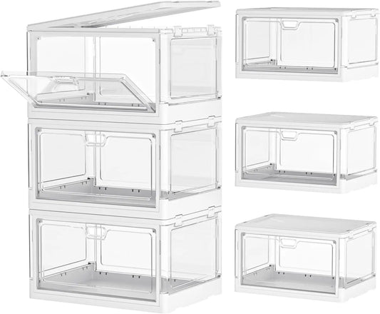 3-Pack Clear Stackable Storage Bins with Lid and Magnetic Door, Foldable for Home Organization