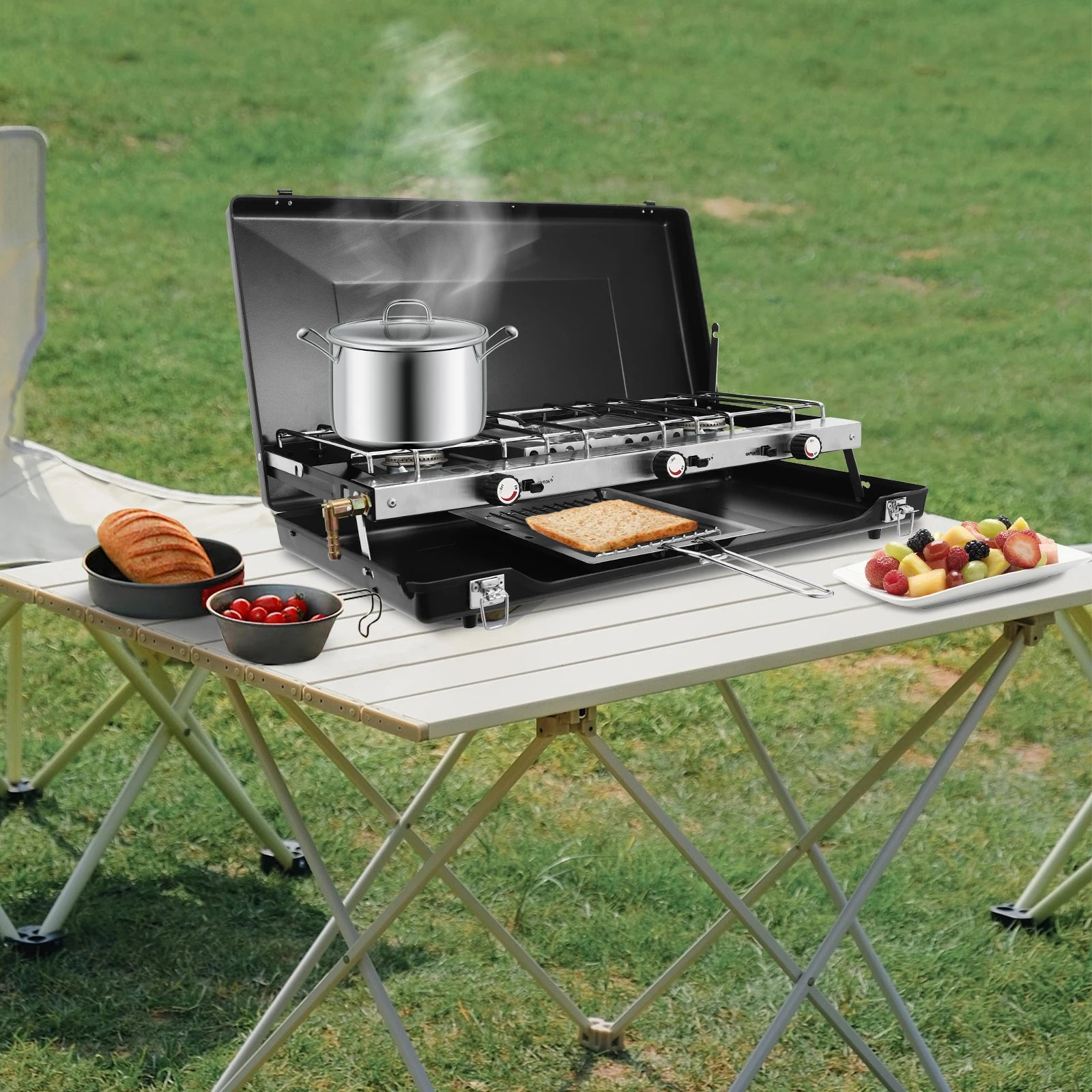 [Outdoor Campfire Grill] 3-Burner Durable Cold-Rolled Steel Grill - Windproof Lid for Camping &amp; Outdoor Cooking