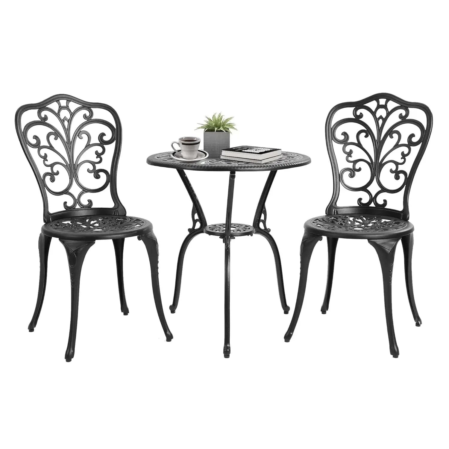 3pc Cast Aluminum Bistro Set, Rose Pattern Outdoor Garden Balcony, Rust &amp; All-Weather Resistant, White, Customized