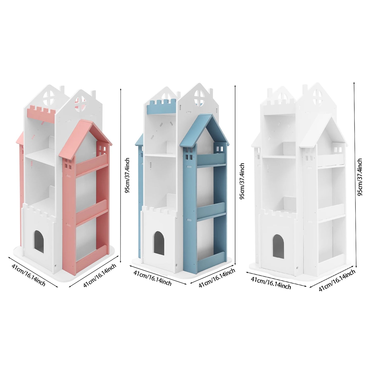 Rotating Kids Bookshelf 7 Tier Castle Design Book Toy Storage Organizer Book Display Shelf for Home Bedroom,3 Colors