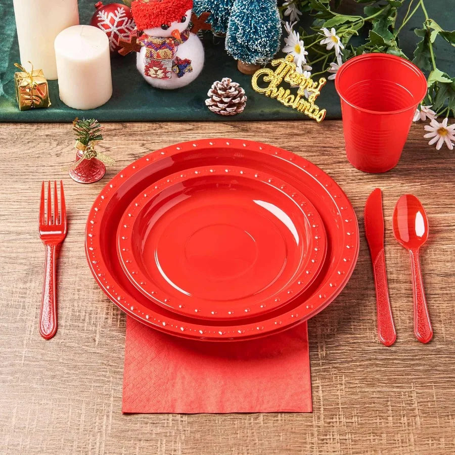 175 PCS Red Plastic Dinnerware Set for Outdoor Events and Gatherings Includes 50 Plates 25 Cups 25 Napkins 25 Cutlery Spoons Fo