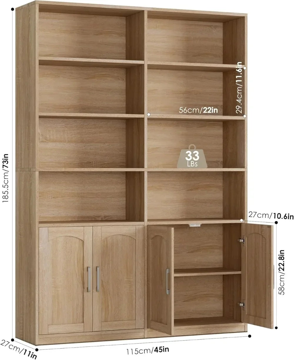 Bestseller6-Tier Double Wide Bookshelf with Doors, 73" Tall Storage Cabinet for Home Office &amp; Living Room