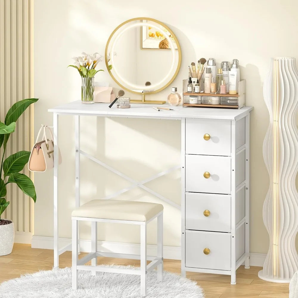 Vanity Desk With 4 Fabric Drawers For Kids Storage
