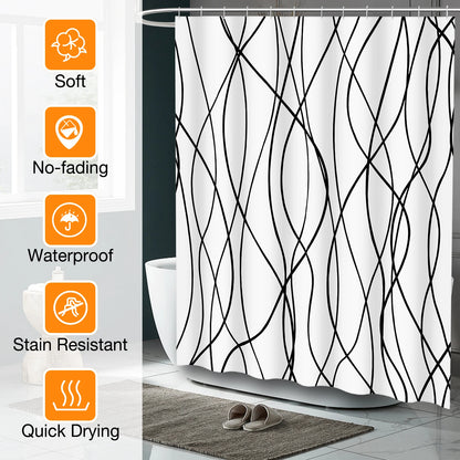 Striped Wavy Line Shower Curtain, Minimalist Waterproof Polyester Fabric Shower Curtain Set with 12 Hooks, Bathroom Decorative