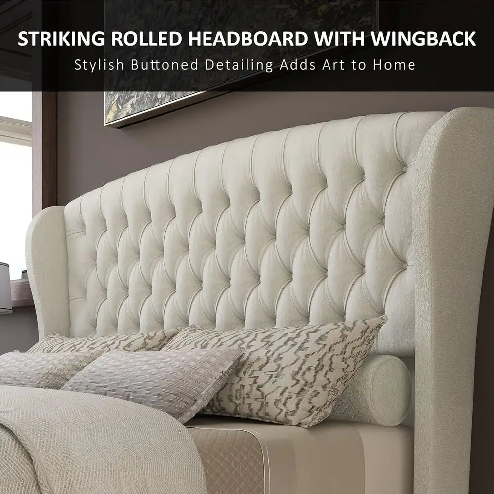 AMERLIE King Size Platorm Bed e, Chenille Upholstered Sleigh Bed with Scroll Wingback board &amp; ootboard/Button Tuted/No Box Sprin