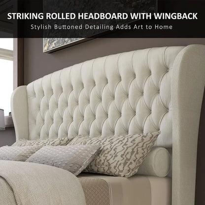 AMERLIE King Size Platorm Bed e, Chenille Upholstered Sleigh Bed with Scroll Wingback board &amp; ootboard/Button Tuted/No Box Sprin