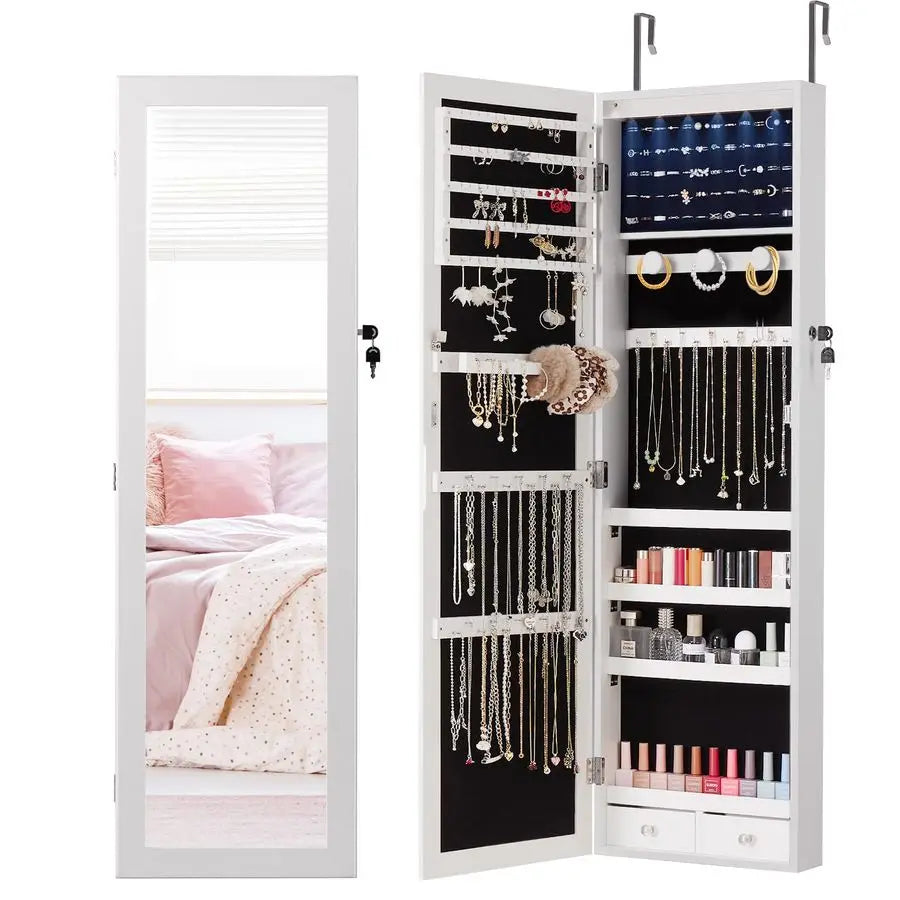DUMOS 6 LEDs Mirror Jewelry Cabinet, Wall or Door Mounted Jewelry Organizer, 47.2Inch Tall Lockable Large Capacity Cosmetic Sto