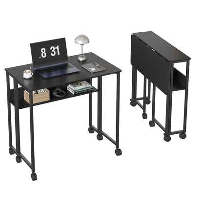 HOSSLLY Folding Computer Desk With Wheels And Storage Shelf