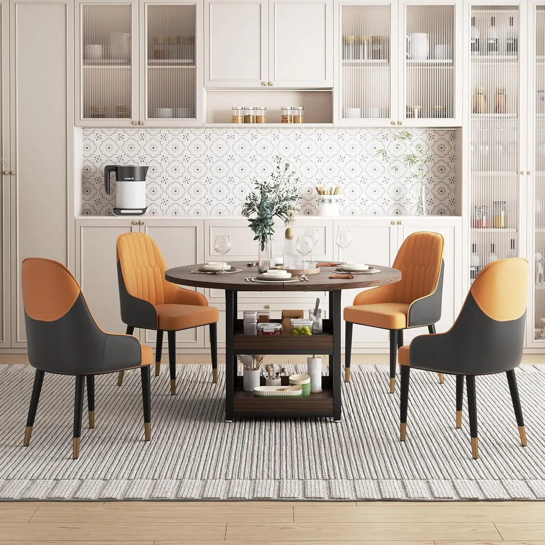 5-Piece Round Dining Table Set for 4 with Storage, Kitchen Table with 4 PU Leather Chairs, Space Saving for, Customized