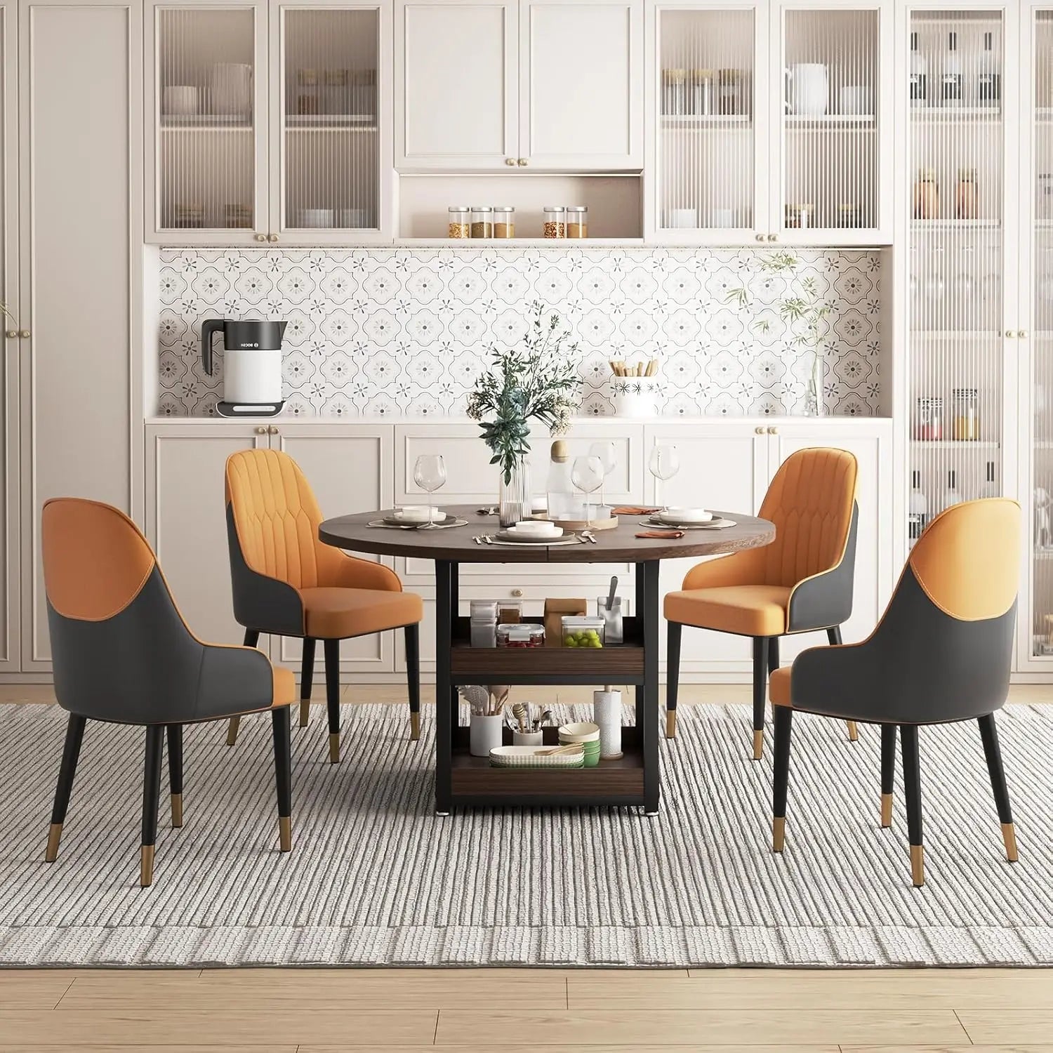 5-Piece Round Dining Table Set for 4 with Storage, Kitchen Table with 4 PU Leather Chairs, Space Saving for, Customized