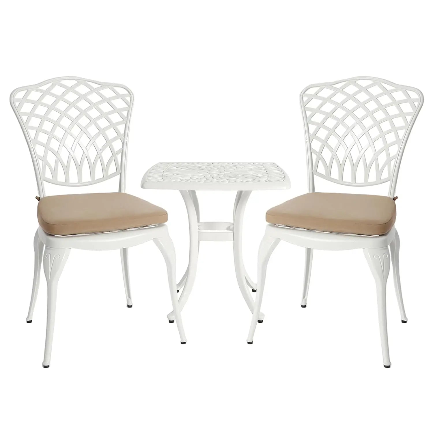 3pc Cast Aluminum Bistro Set, Rose Pattern Outdoor Garden Balcony, Rust &amp; All-Weather Resistant, White, Customized