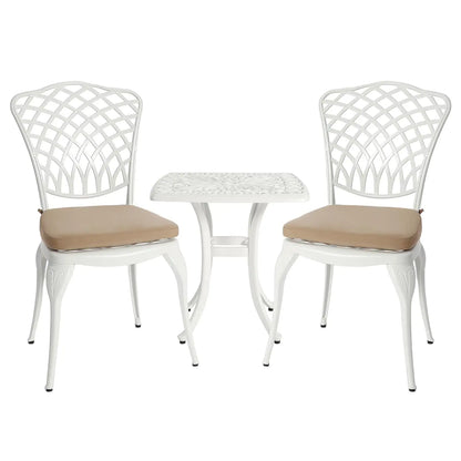 3pc Cast Aluminum Bistro Set, Rose Pattern Outdoor Garden Balcony, Rust &amp; All-Weather Resistant, White, Customized
