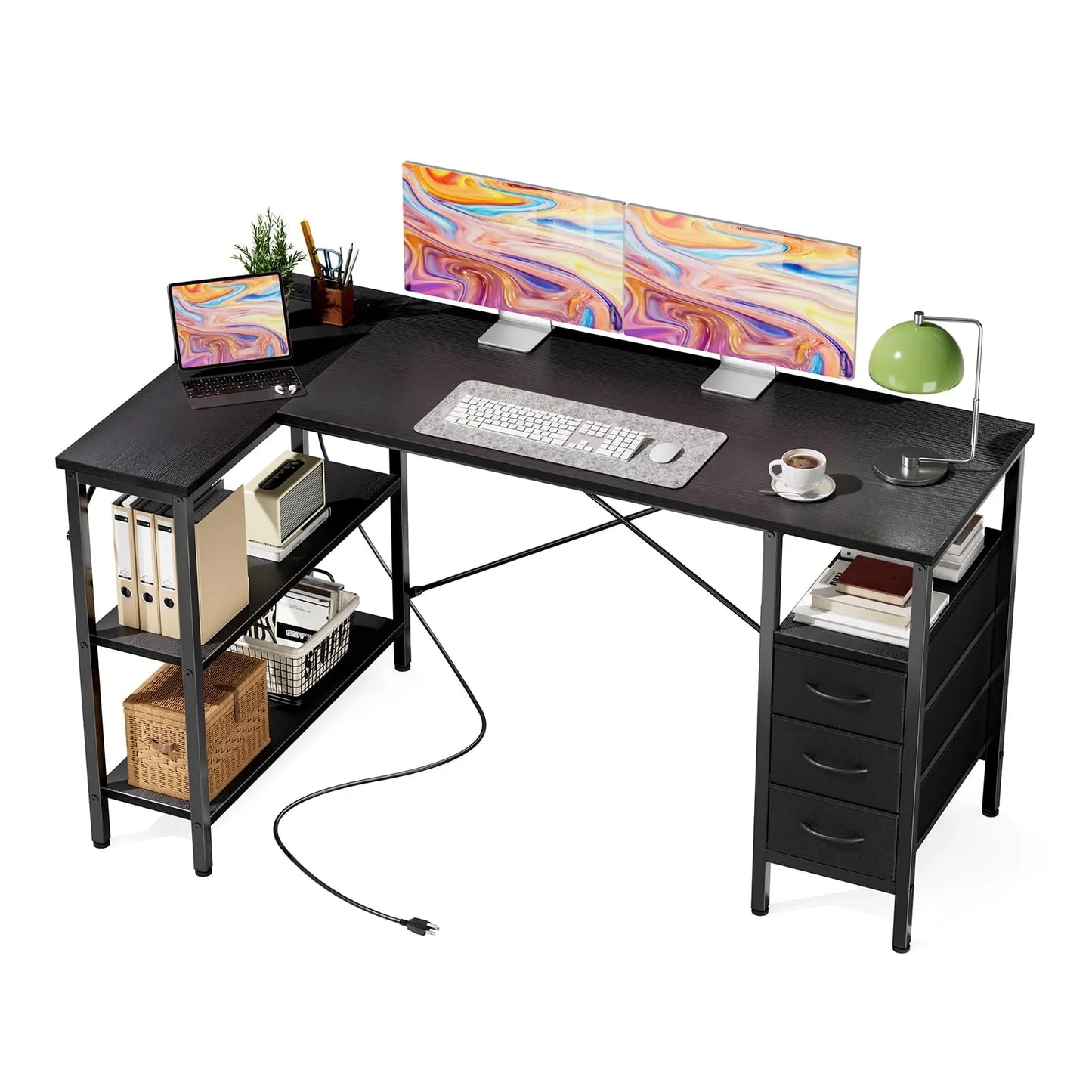 JHK L Shaped Desk With Shelf Drawers And Power Outlet