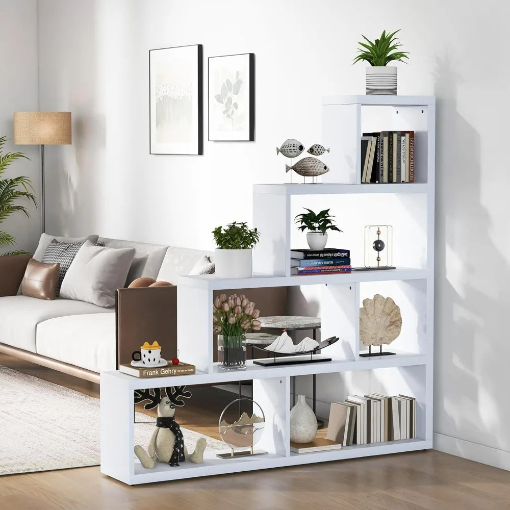 6 Cubes Bookshelf, L Shaped Ladder Corner Open Bookshelf, 4 Tier Stepped Etagere Bookcase, Wooden Geometric Display Shelf, 10 Sh