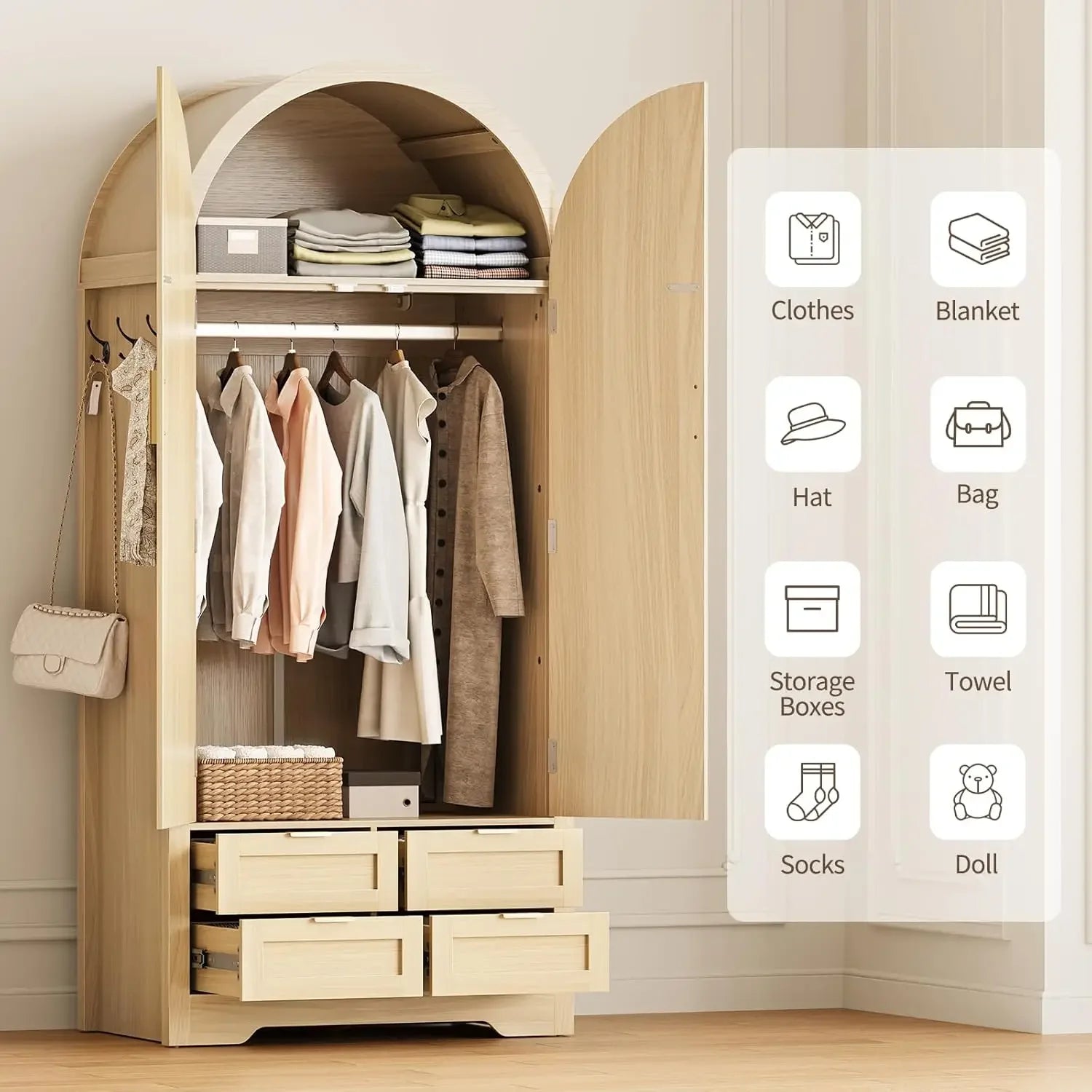 Wardrobe Closet with 4 Drawers - Wood Bedroom Armoires and Wardrobes with Rattan Doors for Hanging Clothes