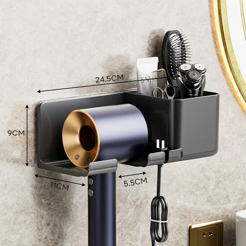 Hair Dryer Holder No Drill Wall Mount Self-Adhesive With Plug Holder Storage Organizer For Bathroom Hotel Barbershop