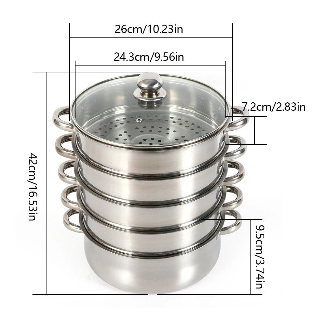 LOYALHEARTDY 5 Tier Silver Stainless Steel Steamer Cooker Steam Pot Kitchen Tool Food Meat Steam Cooking Cookware with Glass lid