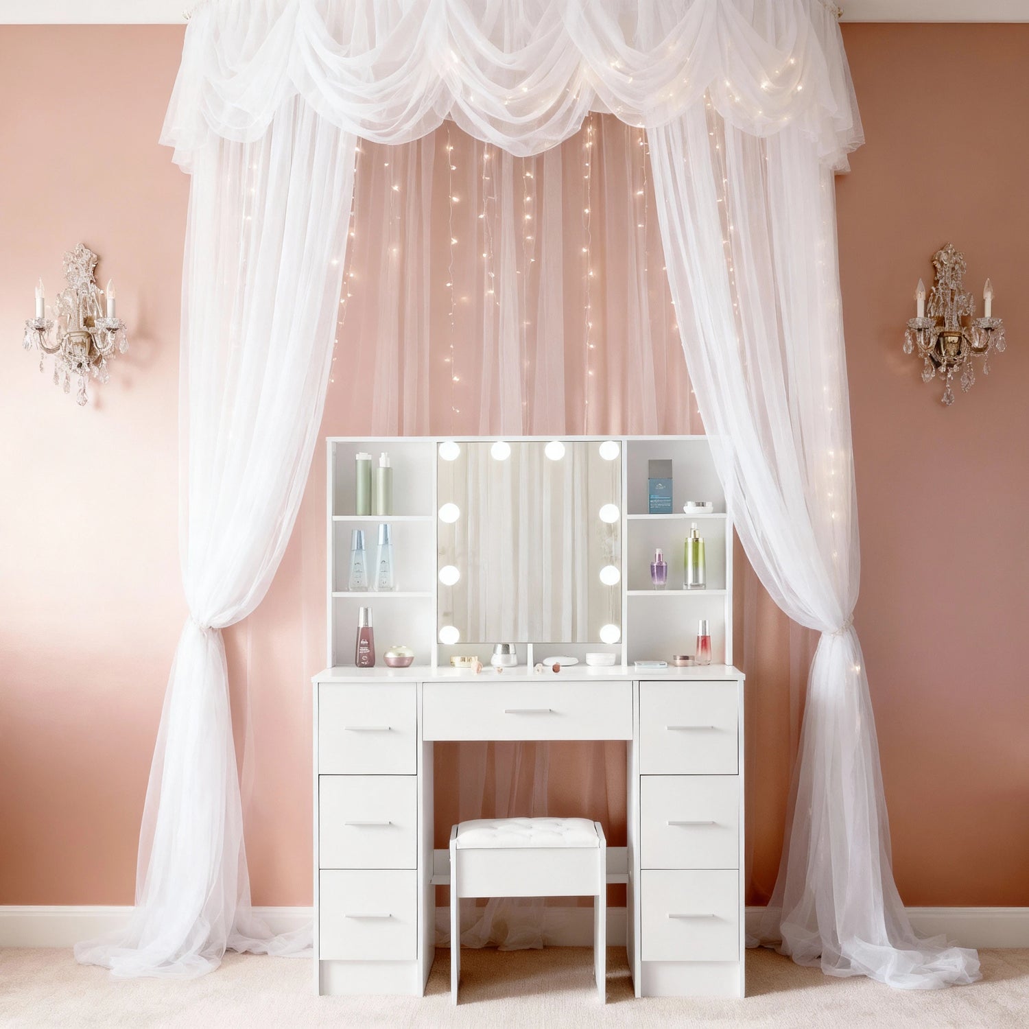 Dressing Table Vanity Makeup Desk With LED Mirror And Stool 7 Drawers &amp; 10 BulS