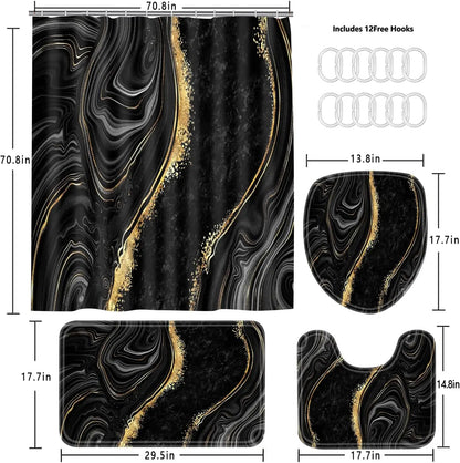 4-Piece Black Marble Shower Curtain Set with Gold Rugs, Modern Abstract Bathroom Decor Accessories Including Toilet Lid Cover