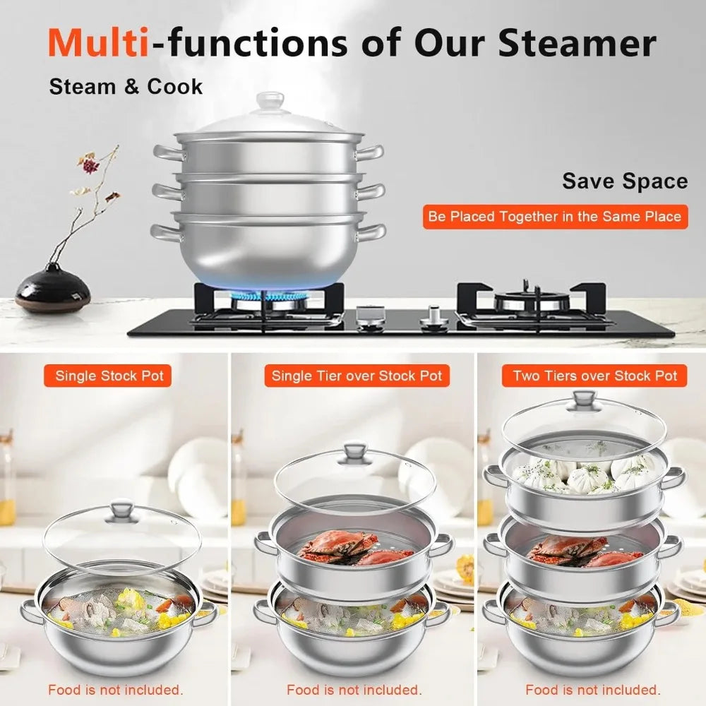 11Inch Steamer for Cooking, Stainless Steel Food Steamer Basket 3 Tier Vegetable Steamer Pot with Lid and Handle, polished