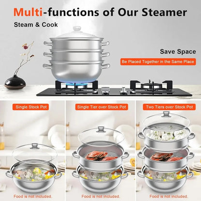 11Inch Steamer for Cooking, Stainless Steel Food Steamer Basket 3 Tier Vegetable Steamer Pot with Lid and Handle, polished