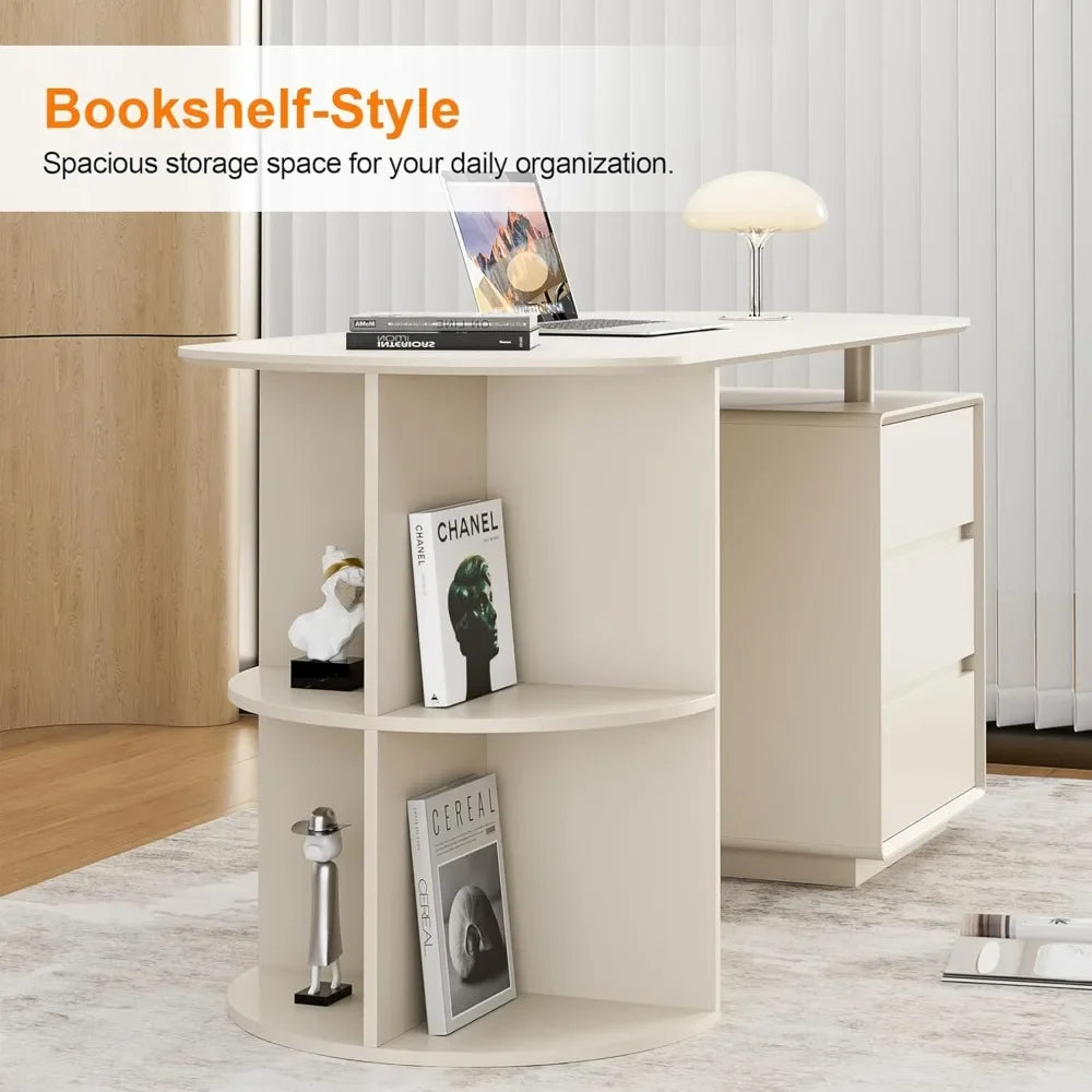 Desk with Drawers, 55inch Home Office White Desk with Drawers and Storage Shelves, Cream White Desk Modern Simple Style