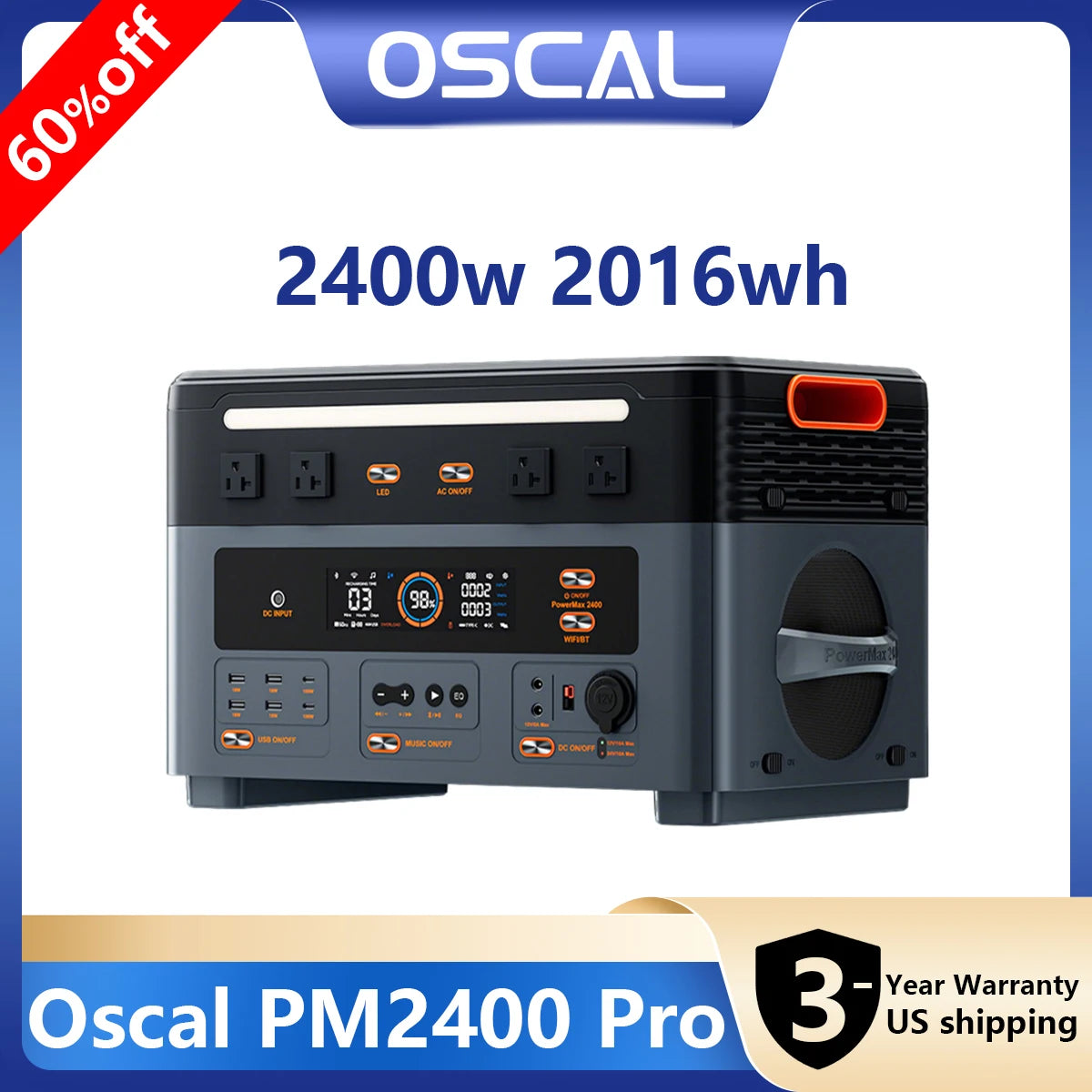 OSCAL LiFePO4 Portable Power Station 2400W UPS Backup Supply