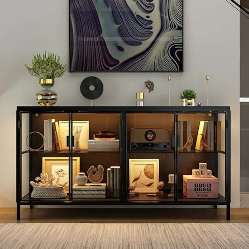 HOT Glass Shelves 4 Compartments, Sideboard Buffet with Solid Metal Legs, Modern Display Cabinet for Living Room Dining Room, Bl