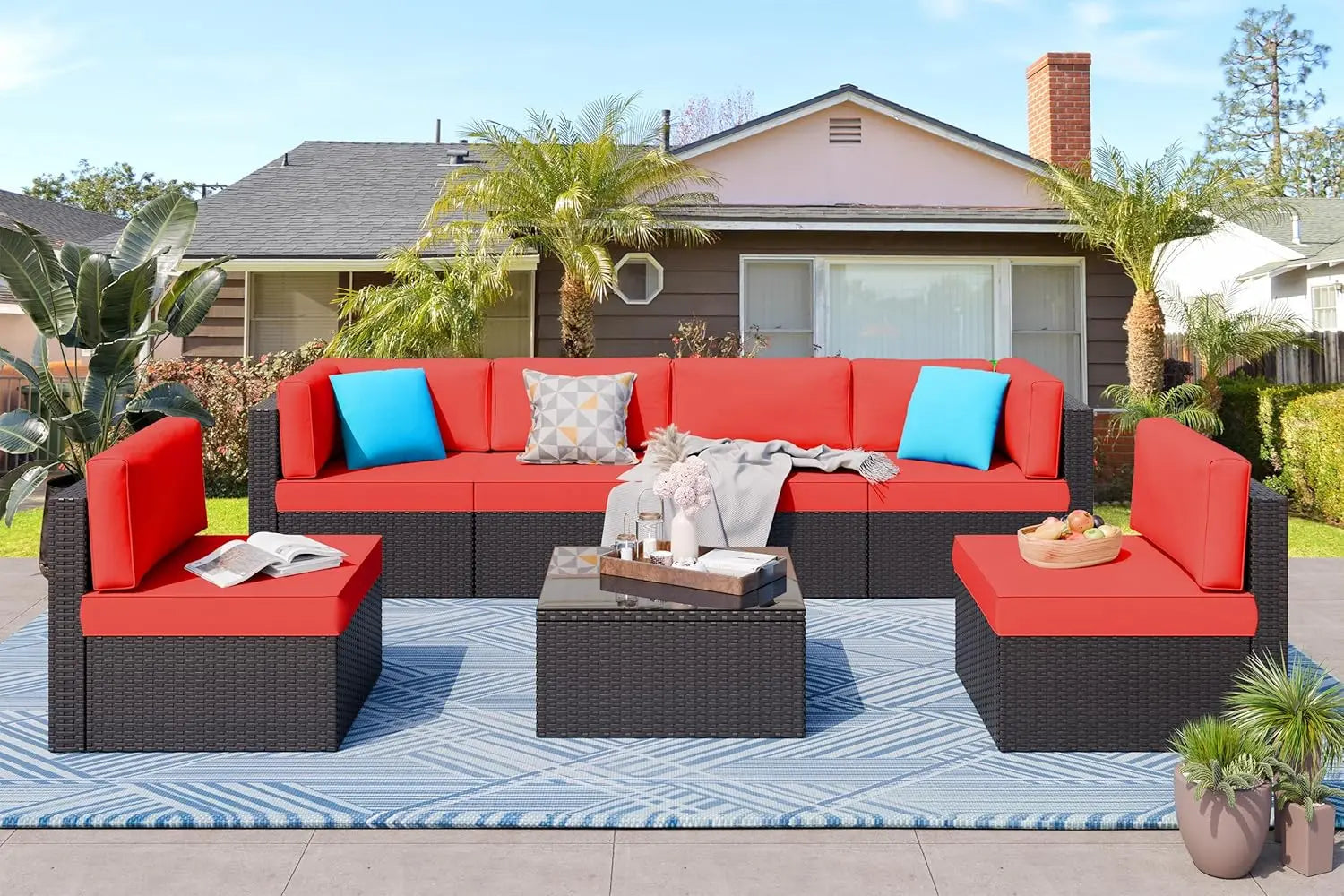 7 Pieces Patio Furniture Sets, Outdoor Modular Sectional Sofa Patio Conversation Set PE Rattan Wicker Sectional Couch