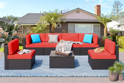 7 Pieces Patio Furniture Sets, Outdoor Modular Sectional Sofa Patio Conversation Set PE Rattan Wicker Sectional Couch