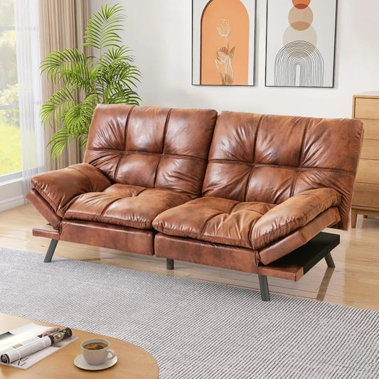 Faux Leather Futon Sofa Bed With Memory Foam Sleeper