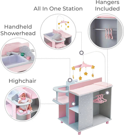 6-in-1 Wooden Baby Doll Changing Station with Crib, Table, High Chair, Closet, Sink and Washing Machine