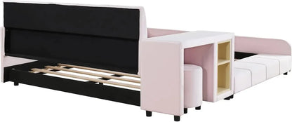 Velvet Upholstered Grounded Bed Platform Bed, Wooden Full Size Mother &amp; Child Bed Frame with Bedside Desk and Little Round Stool