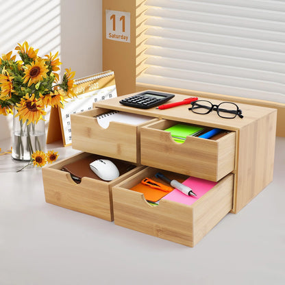 4-Drawer Desktop Organizer Bamboo Tabletop Storage Organization Box Recess Handles Simple Design Home Office Decor