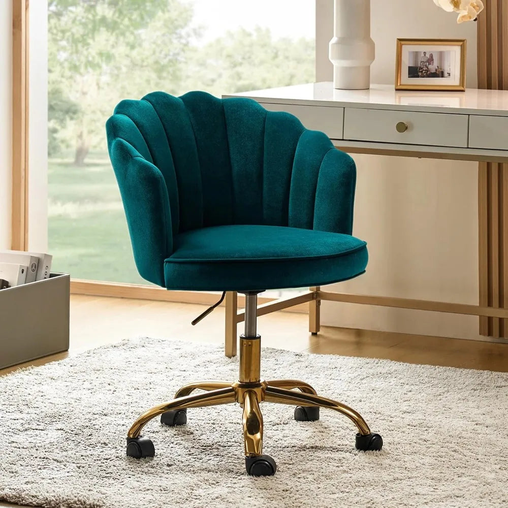 Velvet Home Office Chair with Gold Base, Womans Modern Cute Shell Back Upholstered Desk Chair for Vanity, Adjustable
