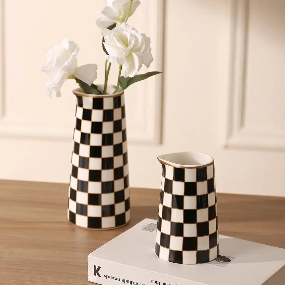 Checker Porcelain Flower Vase Home Decor Set of 2 with 5.5&