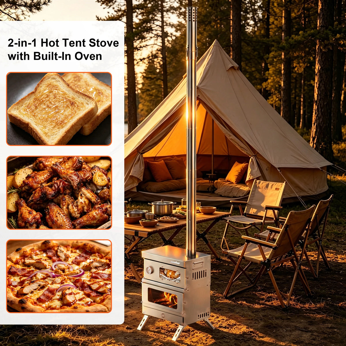 Unho Portable Wood Burning Camping Stove with Oven and Chimney