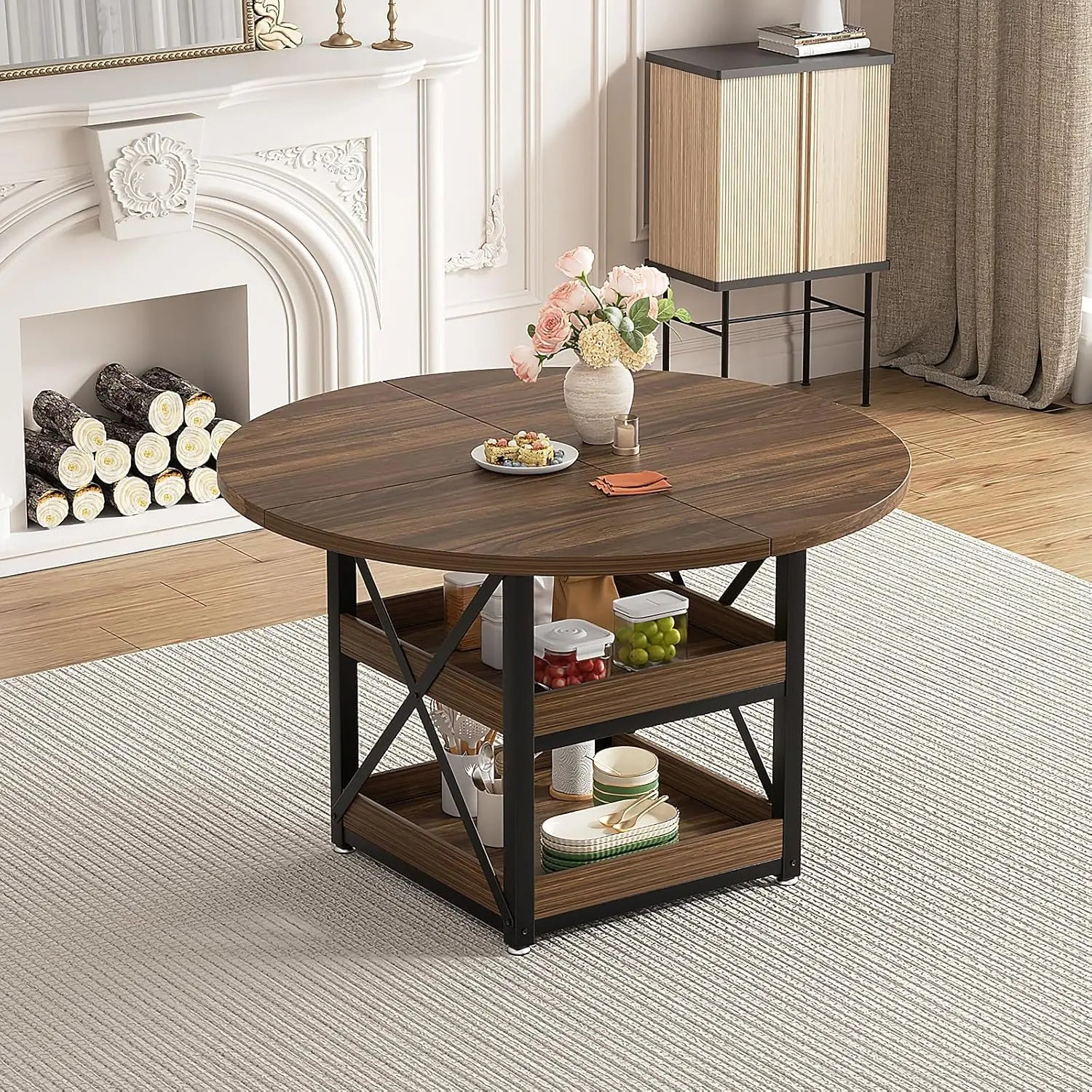 5-Piece Round Dining Table Set for 4 with Storage, Kitchen Table with 4 PU Leather Chairs, Space Saving for, Customized
