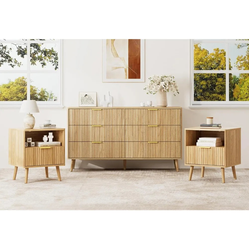 Natural Oak Dresser and Nightstand Set for Bedroom, Modern 3 Pieces Bedroom Furniture Set with Fluted Panel, Large 6 Drawer Dre