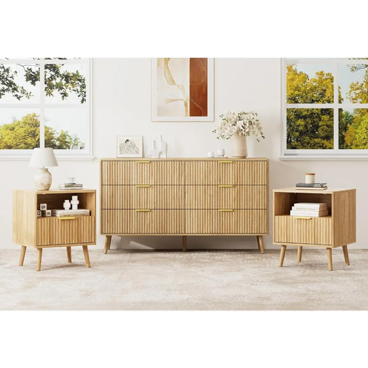 Natural Oak Dresser and Nightstand Set for Bedroom, Modern 3 Pieces Bedroom Furniture Set with Fluted Panel, Large 6 Drawer Dre