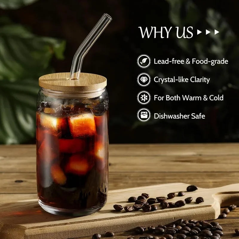 HOT [ 20pcs Set ] Glass Cups with Bamboo Lids and Glass Straw - Beer Shaped 16 oz Iced Coffee Drinking Glasses, Cute Tumbler