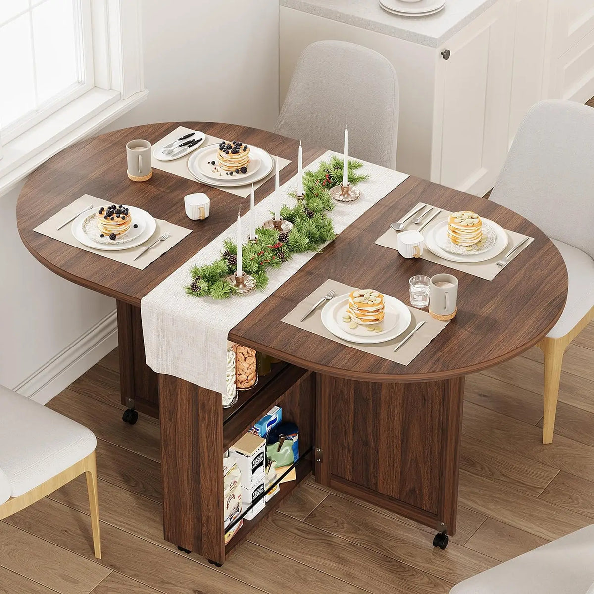 3-in-1 Folding Dining Table With Wine Rack, Drawer &amp; Cup Holders, Drop Leaf Oval Kitchen Table On Lockable Casters For Small Spaces