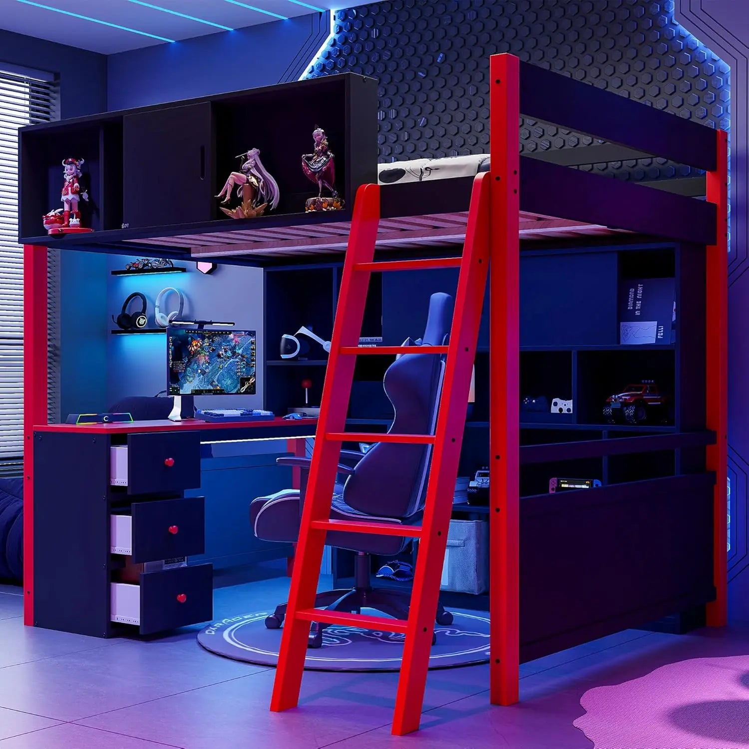 Full Wood Gaming Loft Bed Desk Storage Shelves LED Charging Station Kids Bedroom No Box Spring, Customized