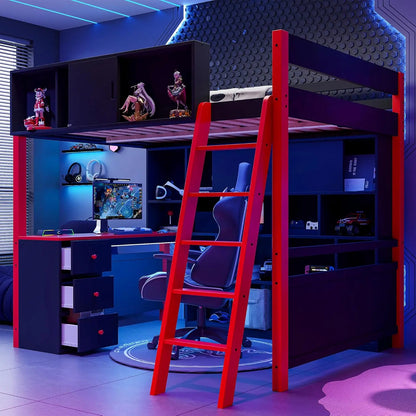 Full Wood Gaming Loft Bed Desk Storage Shelves LED Charging Station Kids Bedroom No Box Spring, Customized
