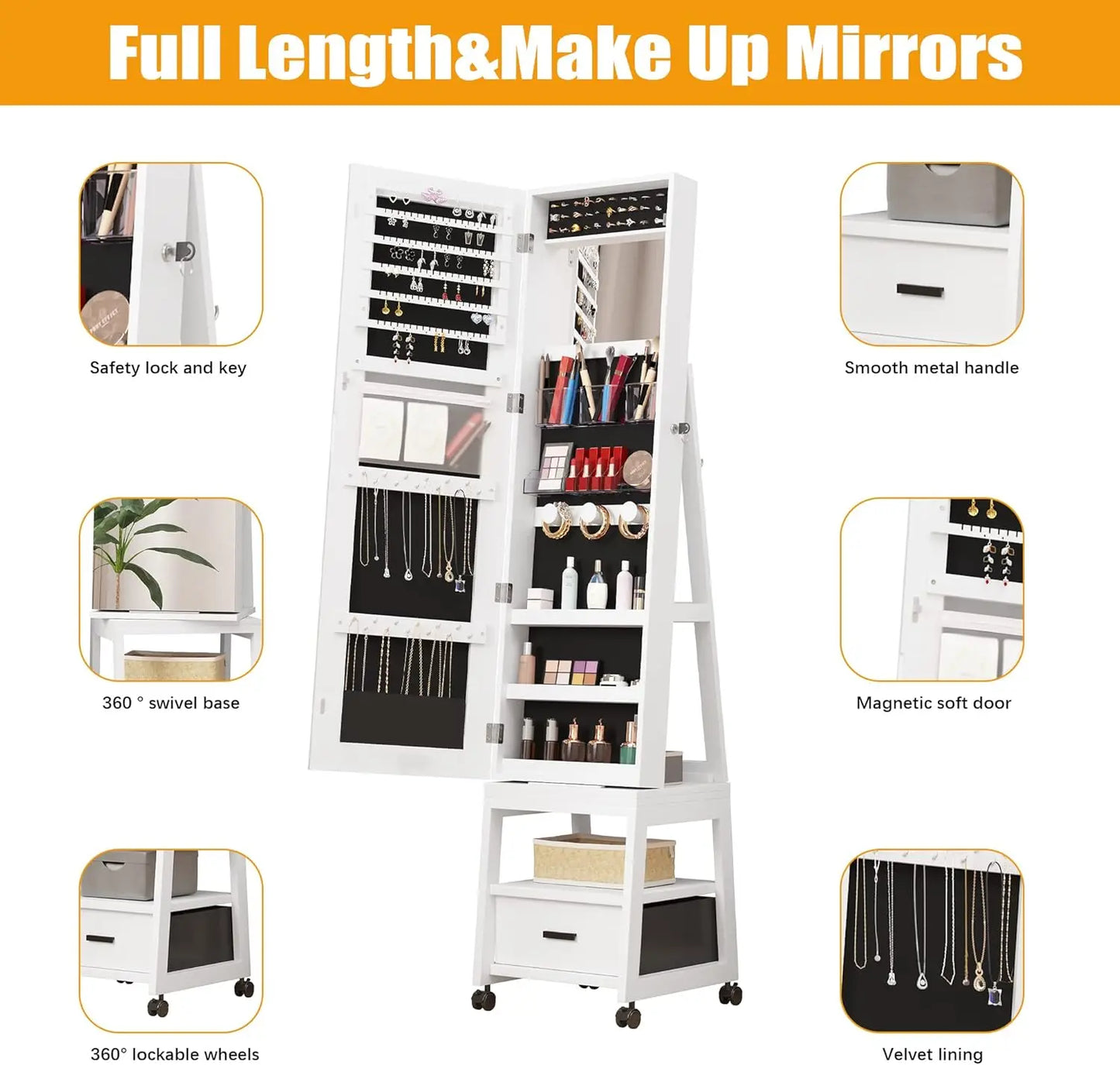 360° Swivel Mirror Jewelry Cabinet, Full Length Mirror with Standing Jewelry Armoire Organizer With Drawer and Wheels White