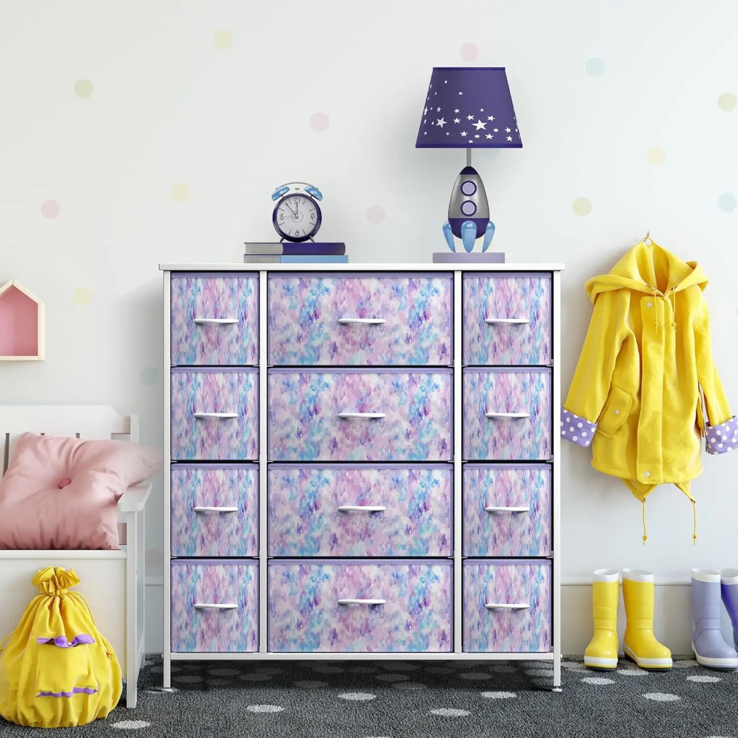 Kids Dresser with 12 Drawers - Chest Organizer Unit with Steel Frame Wood Top &amp; Handle, Fabric Bins for Clothes - Large Furnitur